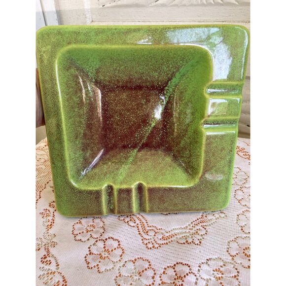 Vintage Mcm 1960s Green & Brown Glazed Ceramic Ashtray - Picture 8 of 9